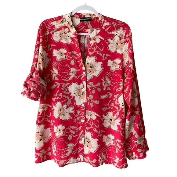Karl Lagerfeld Blouse coral with floral print long sleeve size Large T177 - Picture 1 of 11